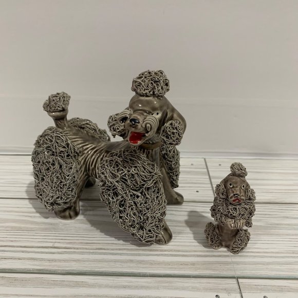 Vintage Gray Spaghetti French Poodle and Baby Figurines Kitschy - Picture 1 of 11